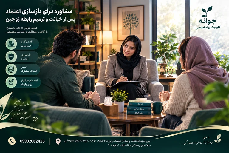 مشاوره برای بازسازی اعتماد پس از خیانت و ترمیم رابطه زوجین
